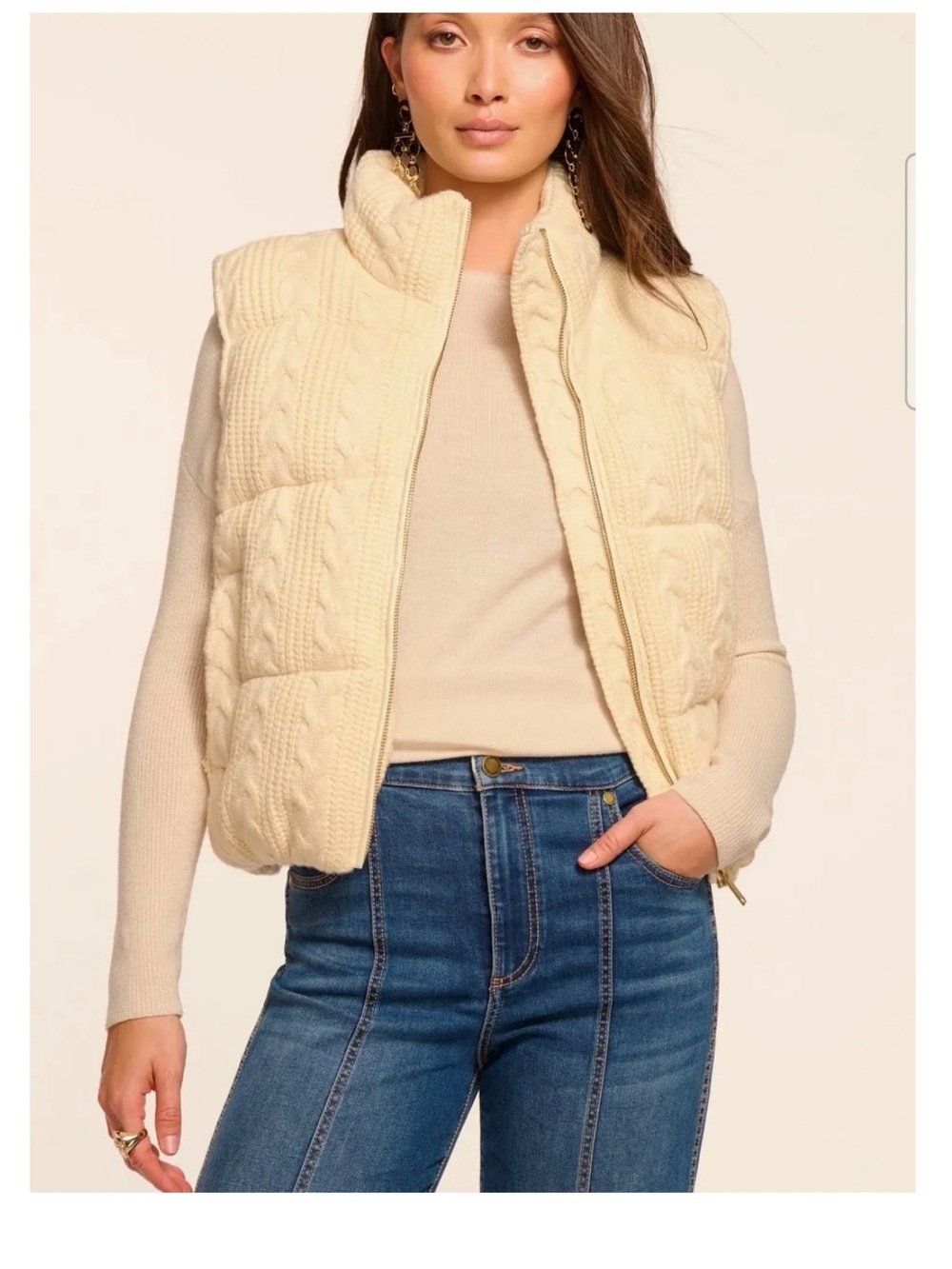 Ramy Brook Cream Cable-Knit Quilted Zip Vest